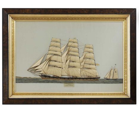 A large silkwork picture of the three-mast ship 'Bann', 19th century, English, with appliqué silk sails set on to a pale-blue