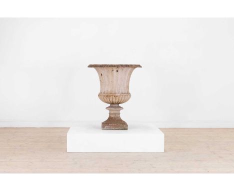 A Victorian painted cast iron campana garden urn, second half of the 19th century, of typical form with an egg-and-dart cast 