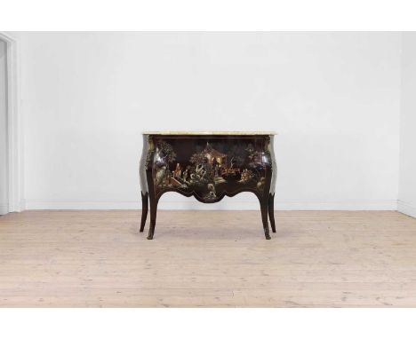 A Louis XV-style lacquered chinoiserie commode, first half of the 20th century, French, of serpentine outline with a brocatel