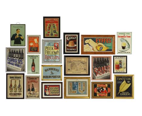 Nineteen various food and drink advertising pictures, 20th century, to include 'Manders's Dublin Porter', 'Ernest Cox Finnan 