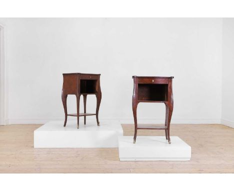 A pair of Louis XV-style night tables, late 19th century, each with a marquetry-inlaid shaped top, over a shelf and an undert