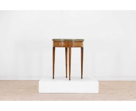 A Louis XVI-style kingwood, tulipwood and satinwood parquetry bouillotte table, late 19th/early 20th century, French, the cir