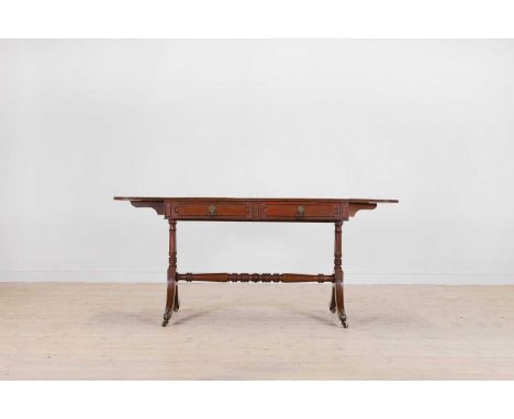 A Regency mahogany sofa table, c.1810, the rectangular top with drop ends and with inset leather surfaces, above two drawers 