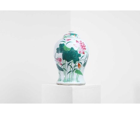 An export porcelain baluster vase and cover, 20th century, Chinese, painted in enamels with lotus flowers and calligraphy, 24