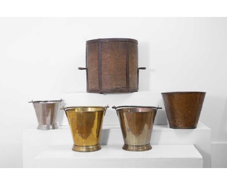 A group of metal buckets, 19th century, of various sizes, including two stamped 'NARANG',largest 25cm diameter27cm high,toget