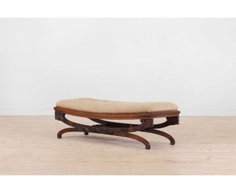 A Victorian rosewood stool, c.1840, with a button-upholstered seat with studded detail, and a foliate-carved 'X' structure un