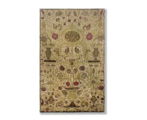 An Ottoman silk and metal-thread embroidered mihrab panel Turkey, 19th Centuryof rectangular form, the pink silk ground decor