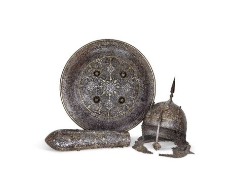 A set of Qajar gold and silver-damascened steel armour Persia, 19th Centurycomprising a helmet (khula-khud), a shield (sipar)