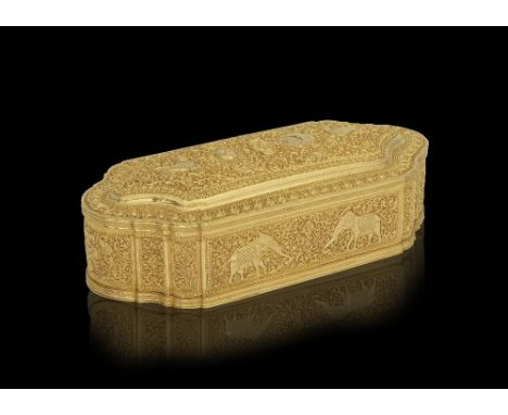 An impressive repoussé gold casket Sri Lanka, Probably Kandy, 19th/ 20th Centuryof rectangular form with curved ends and hing