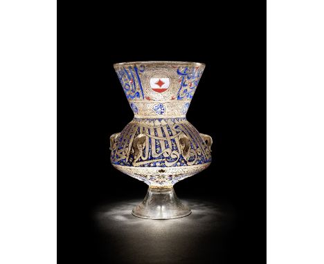 A Mamluk enamelled glass mosque lamp made for Sayf ad-Din Sarghitmish ibn Abdullah an-Nasiri (d. 1358)  Egypt or Syria, 1351-