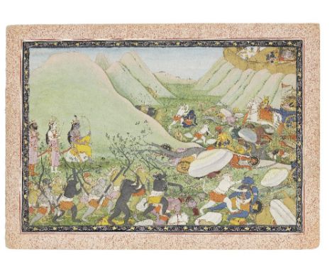 A scene from a Ramayana series (the 'Second' Guler Ramayana), depicting the battle between the monkeys, directed by Rama, and