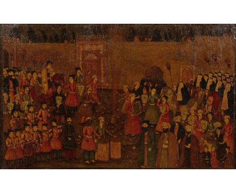 A Qajar lacquer panel depicting an extensive nocturnal wedding scene Persia, 19th Centurypainted lacquer on papier-mache, fra