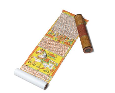 An illustrated Hindu calendar-almanac (pancanga), in scroll form, in cylindrical painted wood case Western India, probably Gu