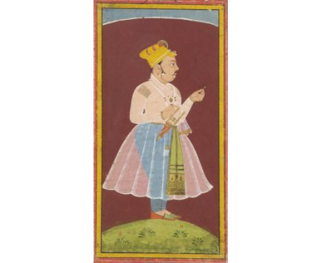 A Rajput ruler, perhaps Maharao Mukund Singh of Kotah (reg. 1648-58), standing holding a flower Mewar, circa 1675-1700gouache
