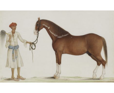 A painting from the Fraser Album, depicting a Kathiawar horse, Puch Kuleean, belonging to William Fraser, with a groom Delhi,