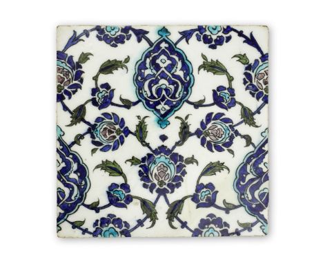 A Damascus underglaze-painted pottery tile Syria, last quarter of the 16th Centuryof square form, decorated in cobalt blue, t