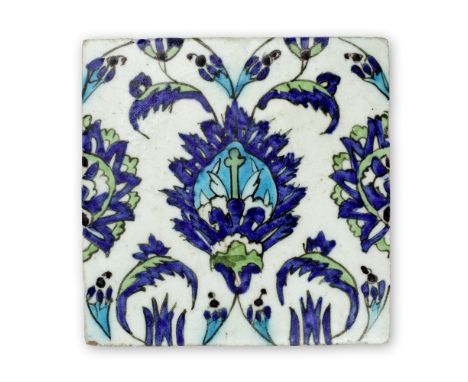 A Damascus underglaze-painted pottery tile Syria, 17th Centuryof square form, decorated in cobalt blue, turquoise and green w
