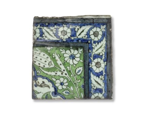 A Damascus underglaze-painted pottery tile Syria, 17th Centuryof square form, decorated in cobalt blue, green, turquoise and 