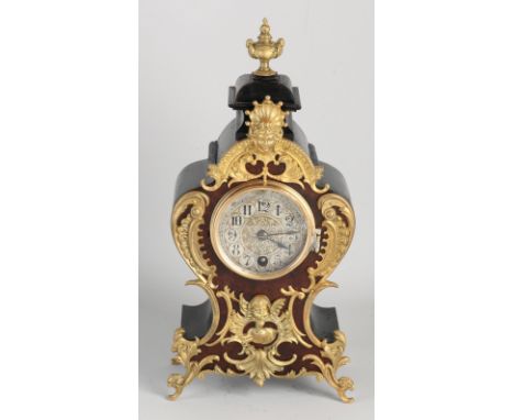 Antique German burr walnut Lenzkirch mantel clock with gilt bronze decorations. Lenzkirch Aug 882762. Weekly runner, silent m