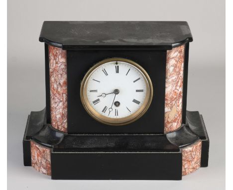 Antique French marble mantel clock with silent eight-day movement. Circa 1890. Dimensions: 22 x 30 x 15 cm. In good condition