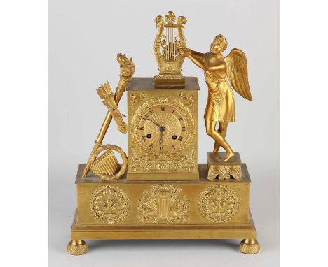 Antique French fire-gilt bronze Empire mantel clock with angel and lyra. Circa 1820. Eight-day movement, half-hourly strike, 