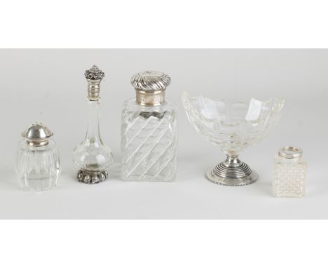 Five parts glassware, a square odeur flask with diagonal cut and fitted with a silver screw cap with twisted finish and faint