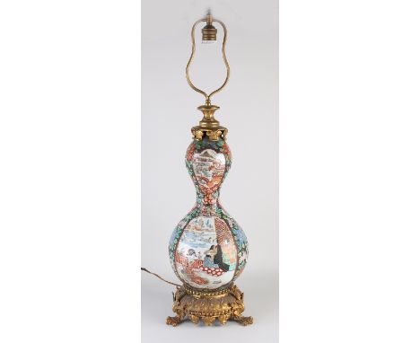 Antique Japanese Satsuma porcelain table lamp. Floral/figures/bird decor. With gilt bronze base. 19th century. Dimensions: H 