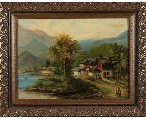 Angelina Richard. Circa 1900. Swiss mountain village with figures. Oil paint on panel. Dimensions: H 34 x W 46 cm. In good co