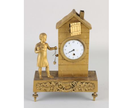 French fire-gilt bronze Empire mini mantel clock with verge escapement movement. Little Red Riding Hood and the wolf. One poi