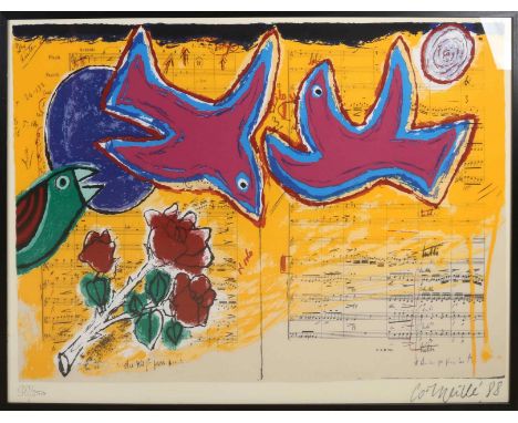 Large work Guilliaume Corneille, '88. 1922 - 2010. No. 88/250. Fantasy show with pigeons and score. Lithograph on paper. Dime