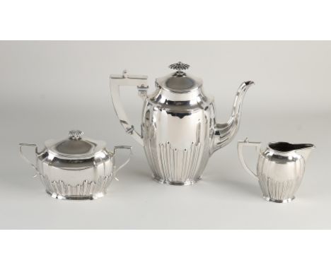 Silver coffee set, 800/000, with a coffee pot, milk jug and a sugar bowl, oval contoured model with ribs and decorated flutes