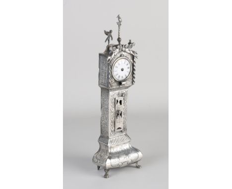 Beautiful silver miniature grandfather clock, 833/000, richly decorated with engravings of, among other things, a sailing shi