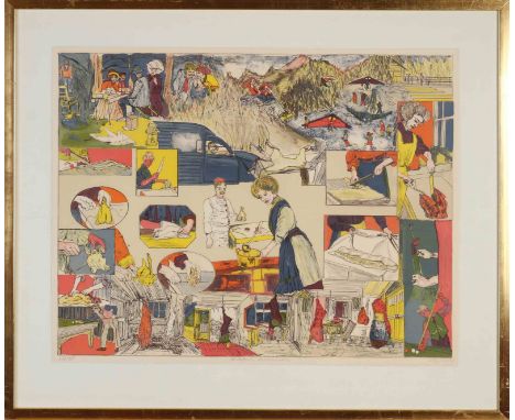 Jacqueline de Jong. Signed Cuisine. No. 33/150. Working women in the kitchen. Lithograph on paper. Dimensions: H 49 x W 64 cm