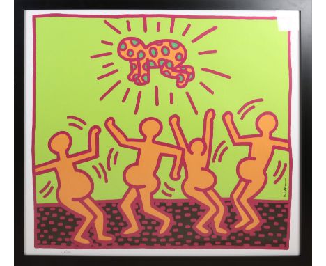 Keith Haring. Great work. No. 17/200. Dancing pregnant ladies. Lithograph on paper. Dimensions: H 87 x W 98 cm. In good condi