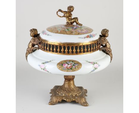 French Limoges porcelain lidded vase with bronze caryatids + putti. Floral/gold decor. 20th century. Decor Versailles. Dimens