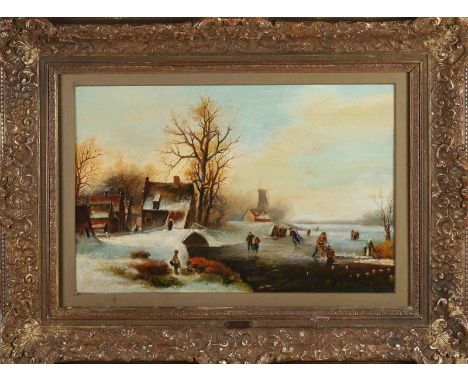 unsigned. Circa 1900. Dutch winter scene with ice fun. Oil paint on panel. Dimensions: H 59 x W 44 cm. In good condition.