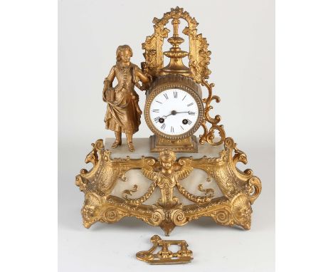 Antique French composition metal mantel clock with alabaster. Circa 1870. Eight-day movement, half-hourly strike, spring pend