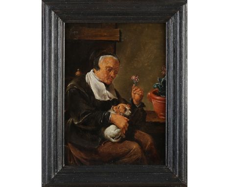 unsigned. 18th Century or older. Woman with Kooiker dog. Oil paint on panel. Dimensions: H 24 x W 18 cm. In good condition.