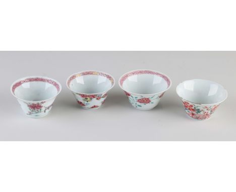 Four 18th century Chinese porcelain Family Rose cups. Floral decor. Three cups of minimal chips. One cup of hairline. Dimensi