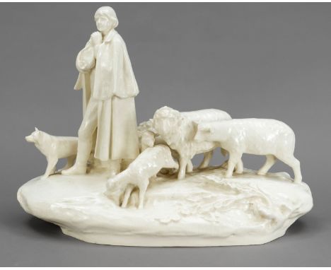 Large antique Czech ceramic sculpture group. Shepherd with sheep. bottom mark. Circa 1920. Dimensions: 36 x 48 x 18 cm. In go