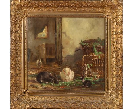 A. van Wieringen. Circa 1900. Rabbits in stable. Oil paint on panel. Dimensions: H 32 x W 35 cm. In good condition.