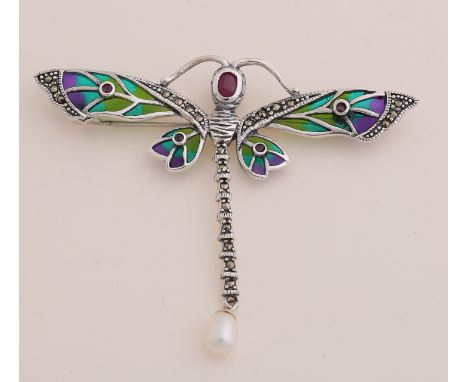 Silver brooch/pendant, 925/000, in the shape of a dragonfly decorated with enamel, pearl, rubies and marquesite. 7x5cm. about