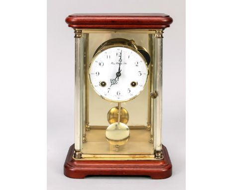 German Hermle mantel clock. Walnut with brass. Rehearsal striking mechanism on two bells. Second half of the 20th century. Di