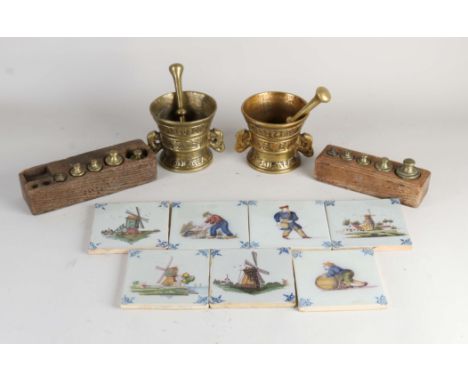 Lot miscellaneous. Old/antique. Among other; 7x Makkumer tiles, 2x bronze mortar + 2x weight block. Dimensions: 13 - 25 cm. I