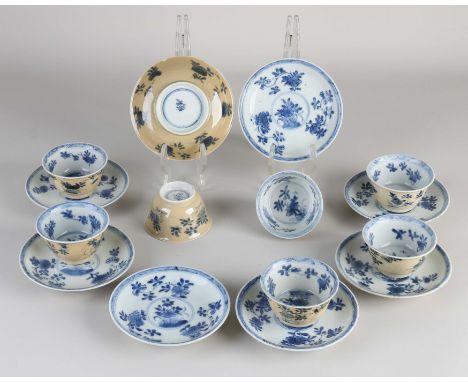 Lot of 18th century Chinese porcelain cups and saucers. Consisting of seven cups + eight saucers with floral decor, chamois l