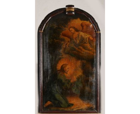 Antique religious painting (or mantelpiece?) with annotation 1618. Depicting Jesus praying with an angel. Dimensions: H 100 x