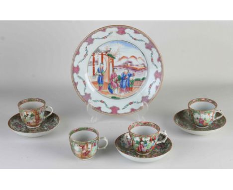 Eight parts antique Chinese porcelain. Comprising: One 18th century Chinese plate, glued. And seven cups/saucers, Cantonese, 