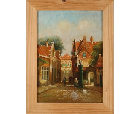 A. Mertens. Circa 1930. Dutch cityscape with figures. Oil paint on panel. Dimensions: H 36 x W 26 cm. In good condition.