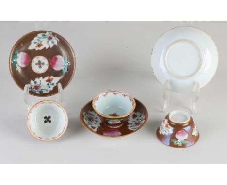 Three Chinese porcelain capuchin cups and saucers. 18th century. Dimensions: 5 - 10.5 cm. In good condition.