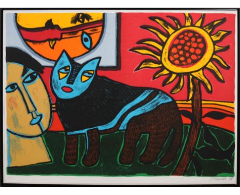 Great work Guilliaume Corneille '98. 1922 - 2010. No. 38/250. Fantasy scene with cat and sunflower. Lithograph on linen. Dime